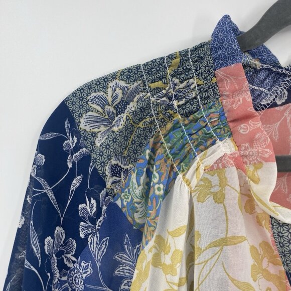 Bunulu Women's XL Mixed Print Boho Peasant Smocked Beaded Tie Front Blouse Sheer - Picture 11 of 13